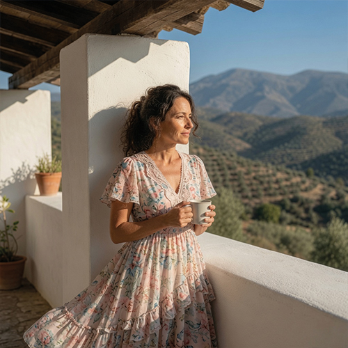 Woman with Coffee on Terrace